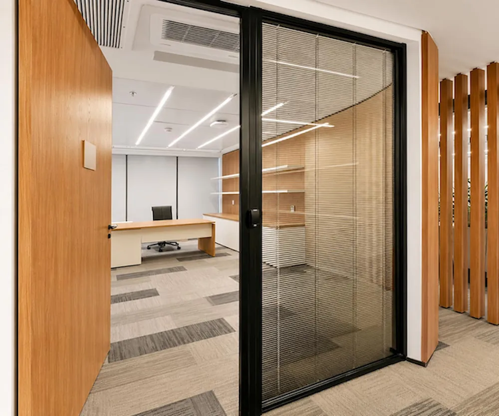 office glass partition with blinds for tested versus proposed construction review