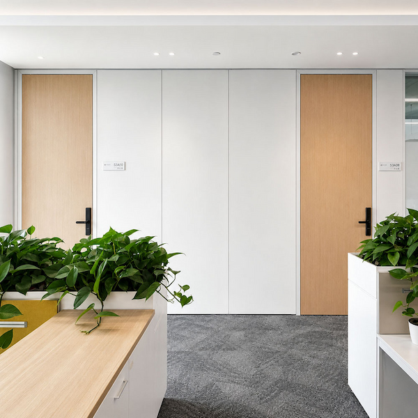 office partition wall with solid panels and doors showing complete system acoustic factors