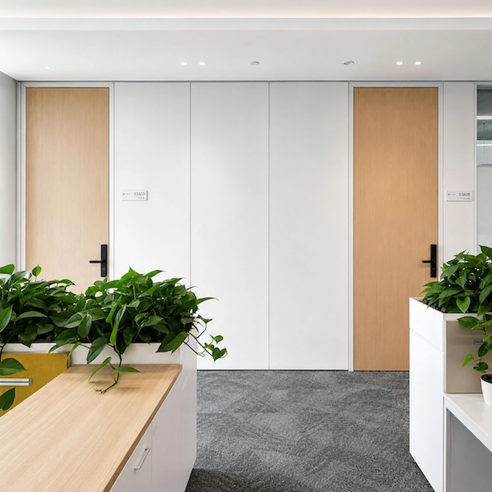 office partition wall with solid panels and doors showing complete system acoustic factors