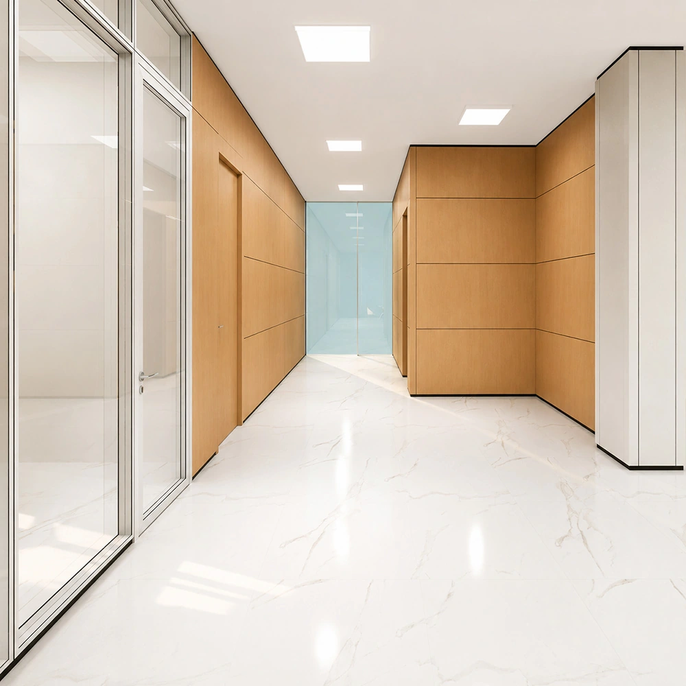 commercial fitness interior with sg 86 wall and column cladding in natural walnut veneer finish