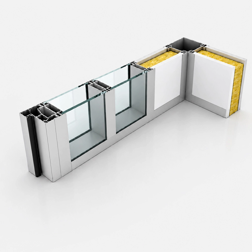 Demountable wall build-up showing glass panels, solid panels, frame profiles and insulation infill
