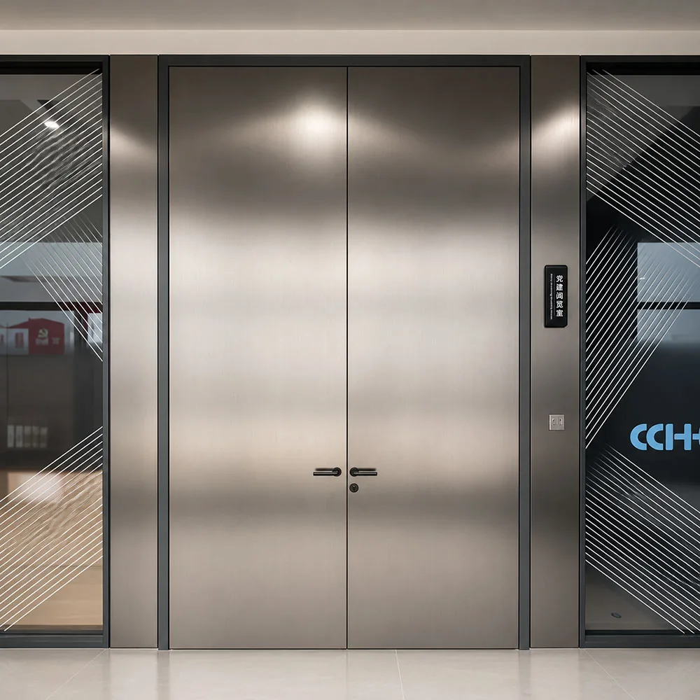 Double-leaf door integrated into a demountable wall system with adjacent glass panels