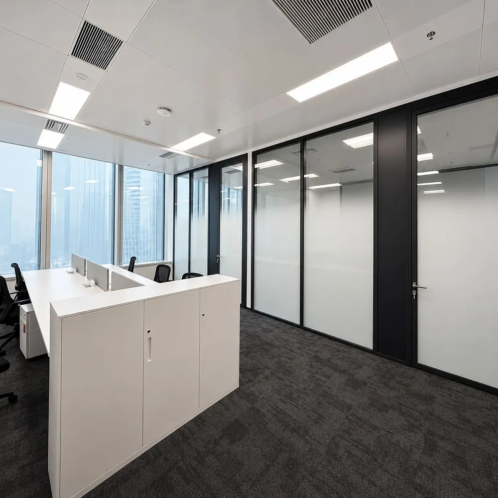 Office workspace with full-height demountable glass walls and framed doors