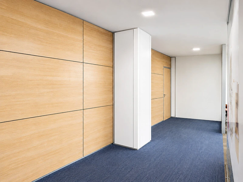 Solid panel wall configuration with wood-look finish for visual privacy