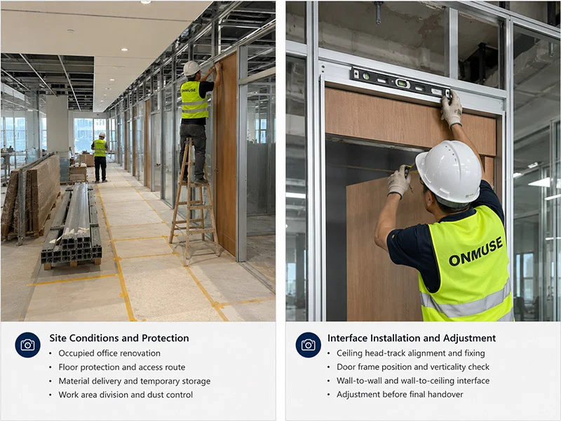 installers coordinating demountable wall installation ceiling track alignment and door frame adjustment