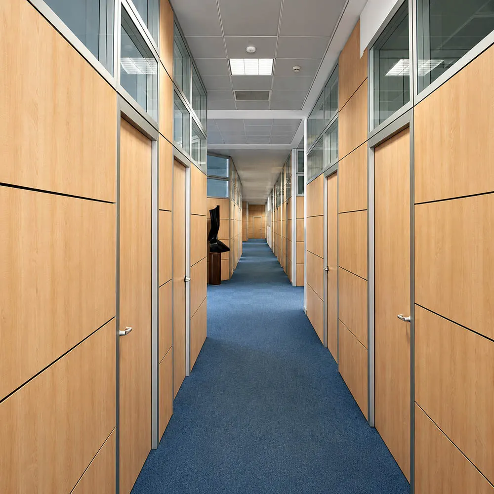office corridor with wood finish demountable wall panels and glazed upper sections