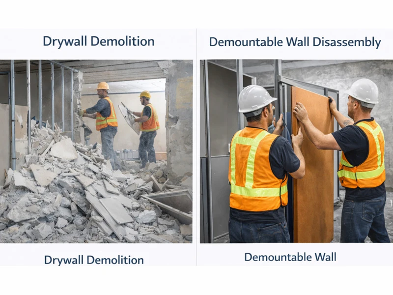 side by side comparison of drywall demolition and demountable wall panel disassembly by site workers