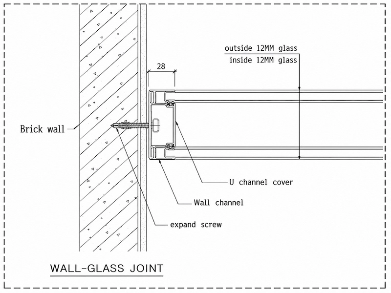 wall to glass joint detail showing double glass a u channel and fixing to a brick wall