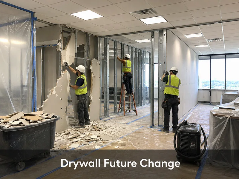 workers demolishing drywall during an office layout change with rubble and protective sheeting