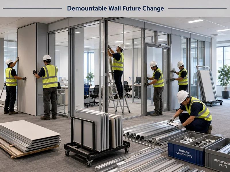 workers dismantling a demountable wall system with panels and metal profiles organized for inspection