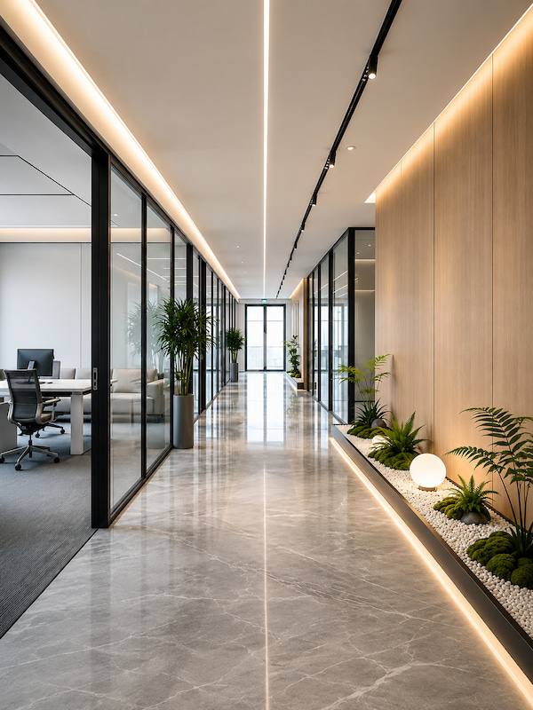 office corridor with demountable glass partition walls for fire rated assembly review