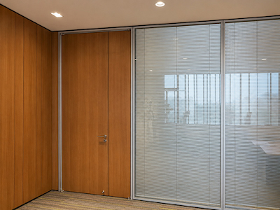 double glass partition with integrated blinds for adjustable visual privacy