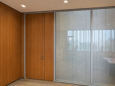 double glass partition with integrated blinds for adjustable visual privacy