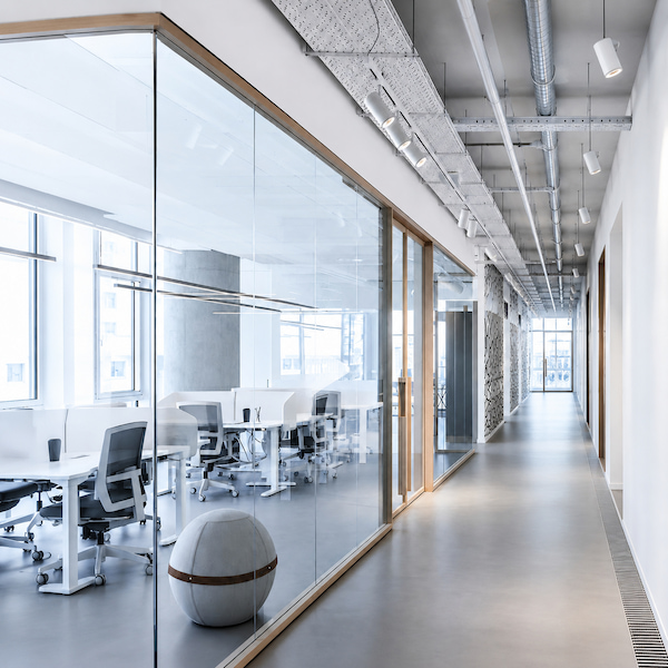 full height glass partition door opening integrated into the continuous wall line