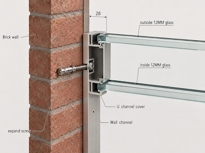 side wall connection detail showing glass partition interface with adjacent wall