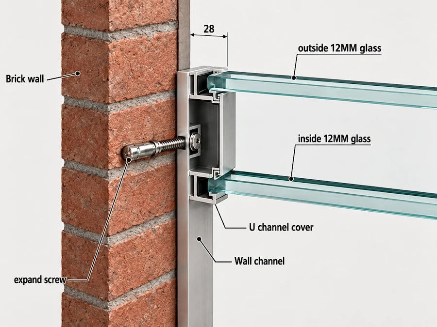 side wall connection detail showing glass partition interface with adjacent wall