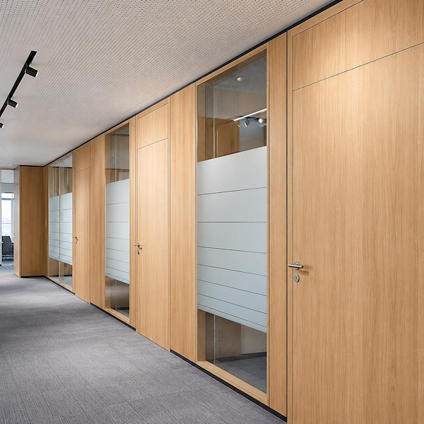mixed glass and wood office partition corridor showing door privacy glazing and layout configuration choices