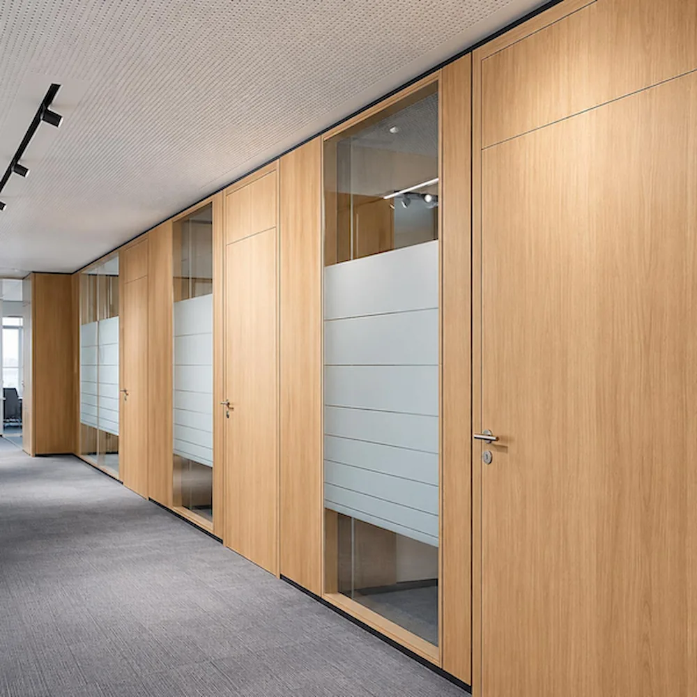 mixed glass and wood office partition corridor showing door privacy glazing and layout configuration choices