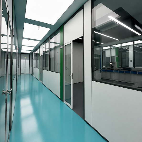clean corridor with demountable glass and solid partition walls for healthcare administrative and support space review