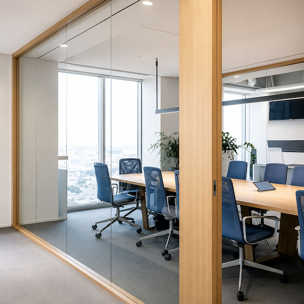 glass meeting room partition with wood framed sliding door and coordinated wall door configuration