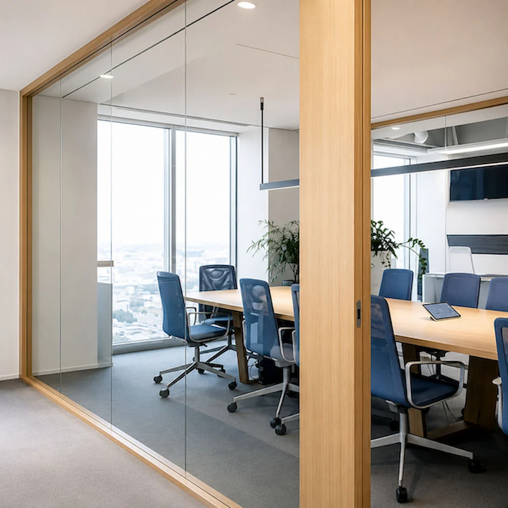 glass meeting room partition with wood framed sliding door and coordinated wall door configuration