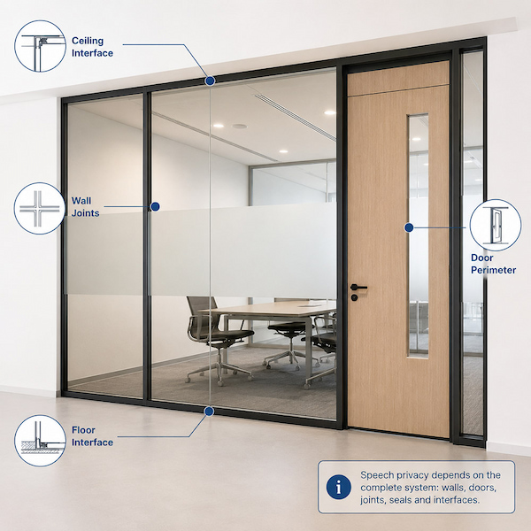 glass partition acoustic weak path diagram highlighting ceiling interface wall joints floor interface and door perimeter