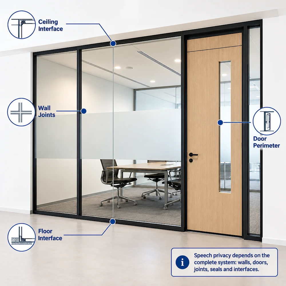 glass partition acoustic weak path diagram highlighting ceiling interface wall joints floor interface and door perimeter