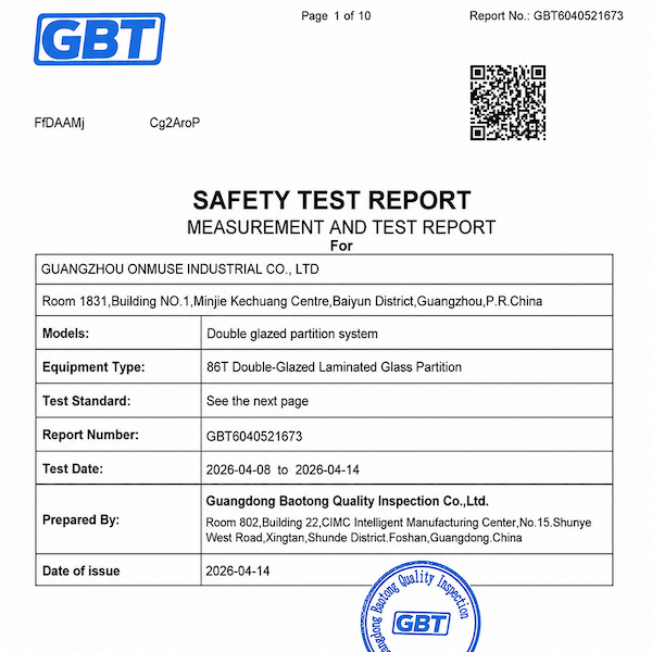 safety test report cover page for an 86t double glazed laminated glass partition system