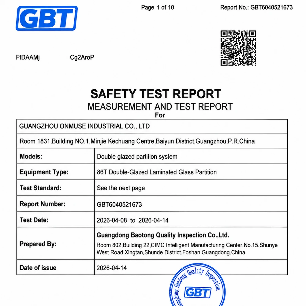 safety test report cover page for an 86t double glazed laminated glass partition system