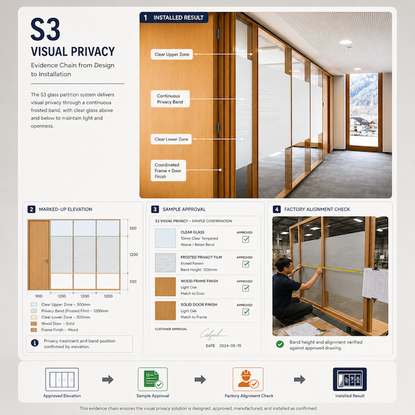 visual privacy evidence chain showing installed glass partition marked up elevation sample approval and factory alignment check