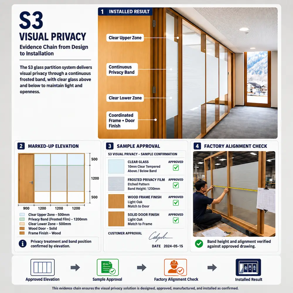 visual privacy evidence chain showing installed glass partition marked up elevation sample approval and factory alignment check