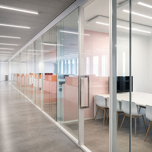 full height glass meeting room wall line showing ceiling floor and perimeter interface conditions