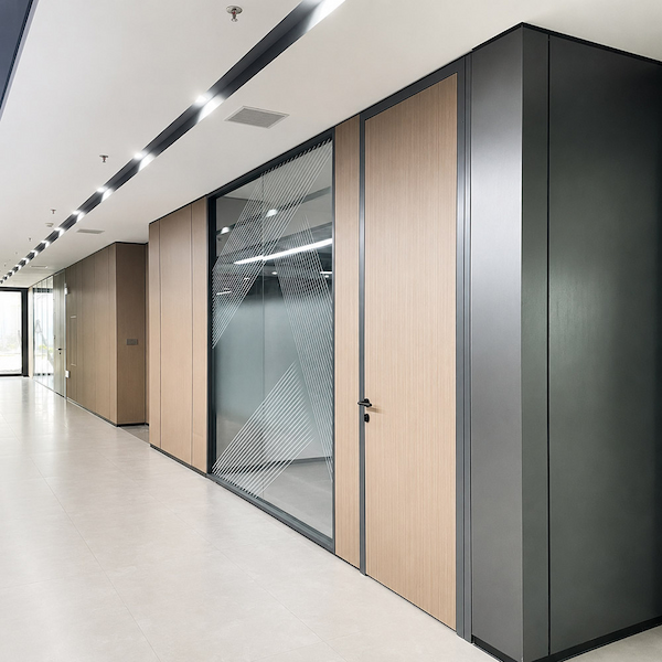 meeting room glass wall with glass panels wood look solid sections and privacy graphics along an office corridor