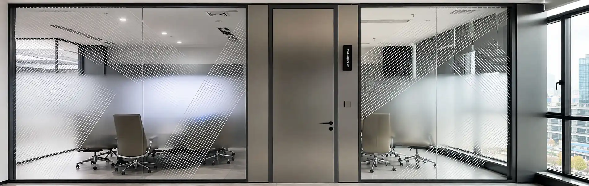 meeting room glass wall with hinged solid door framed glass panels and privacy frosting