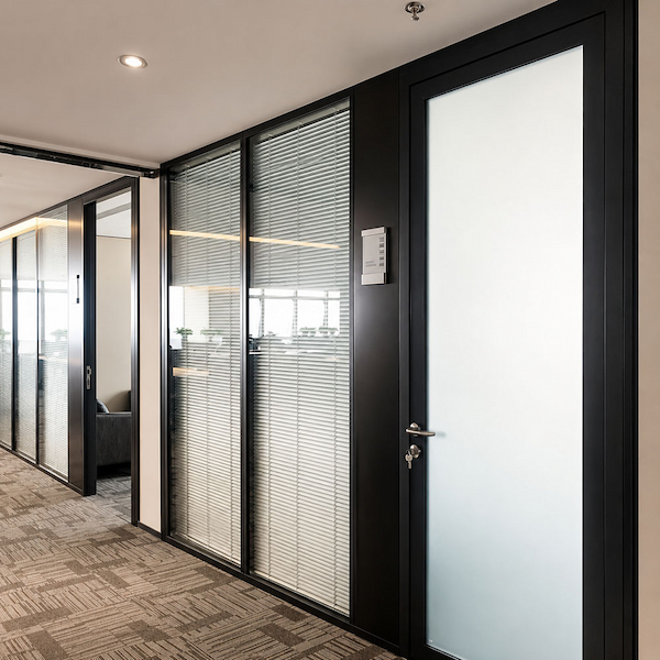 framed glass office partition and door used to compare stc sound isolation and nrc sound absorption concepts