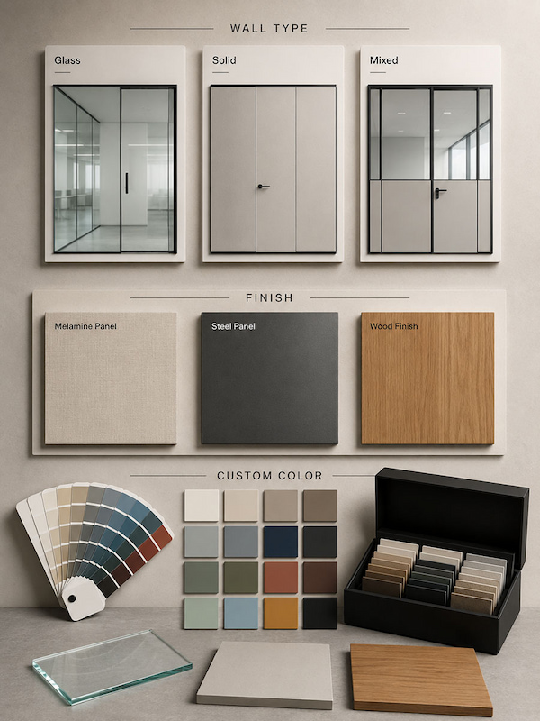 office partition wall type finish and custom color options for quotation review