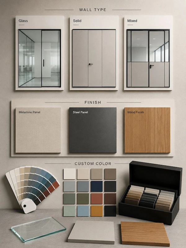 office partition wall type finish and custom color options for quotation review