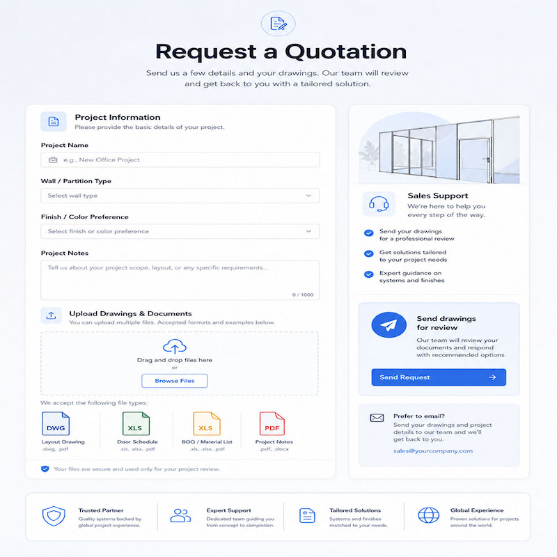 rfq form with file upload area and sales support card for office partition quotation requests