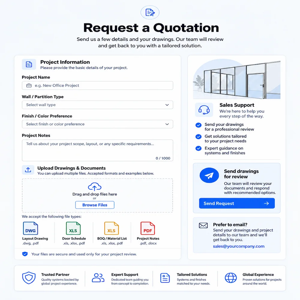 rfq form with file upload area and sales support card for office partition quotation requests