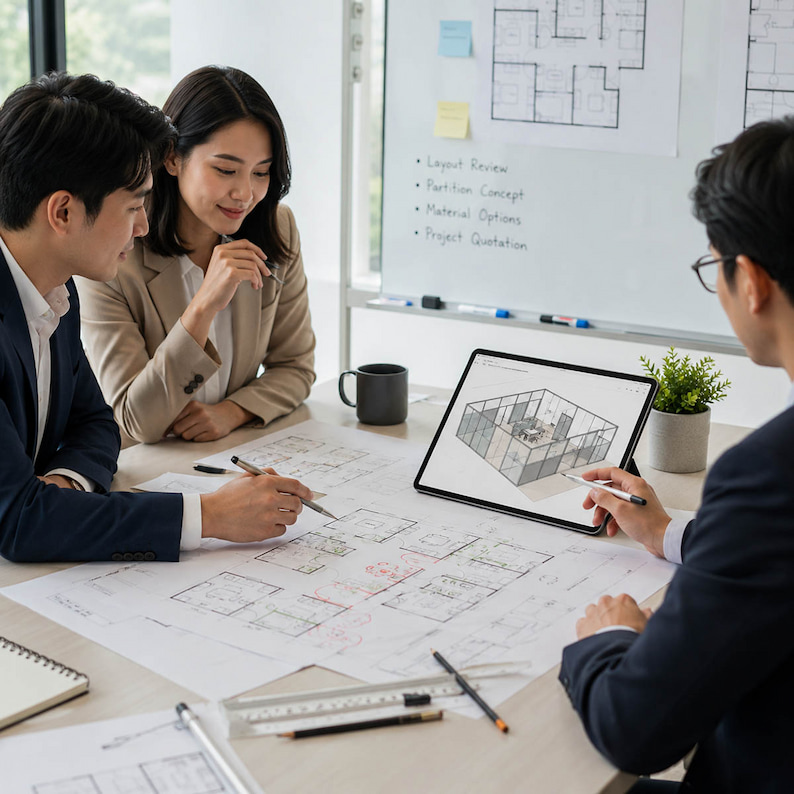 team reviewing office partition layout drawings for a project quotation request