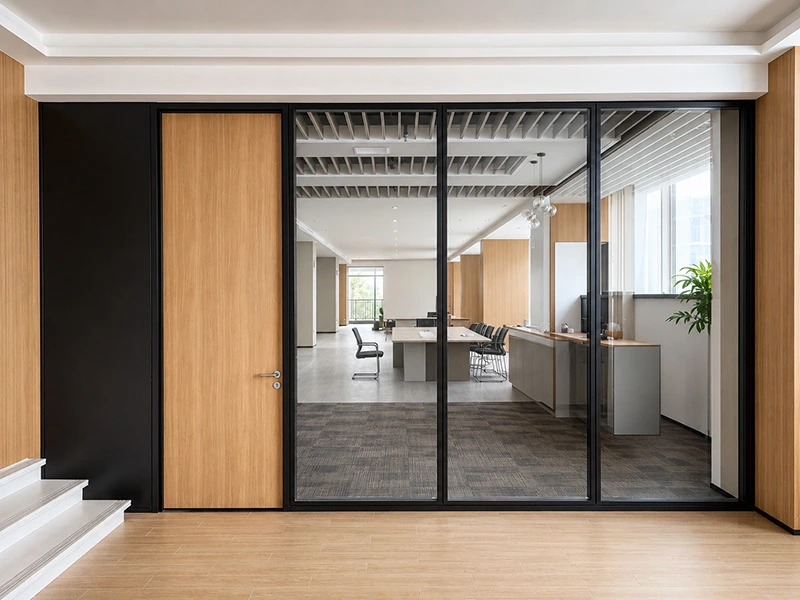 airport office zoning reference with glass and wood office partition