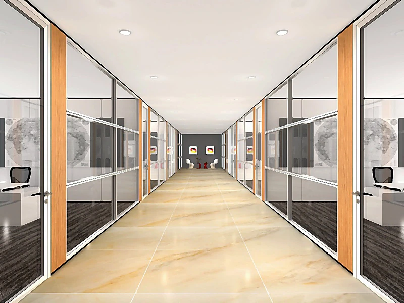 mixed office wall partitions with glass panels and wood doors along an office corridor