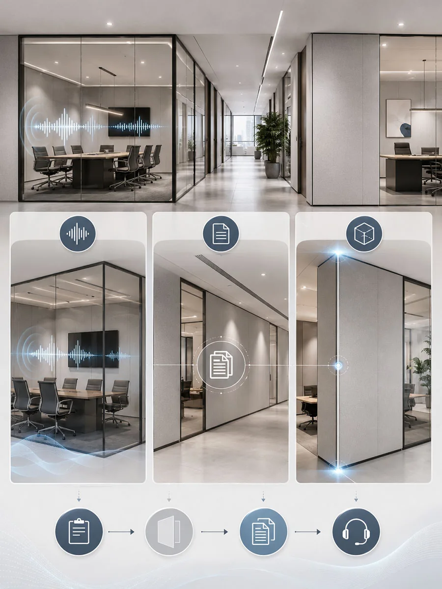 office partition project support illustration showing acoustic, fire-related, and full-height installation considerations for glass and solid workspace partitions