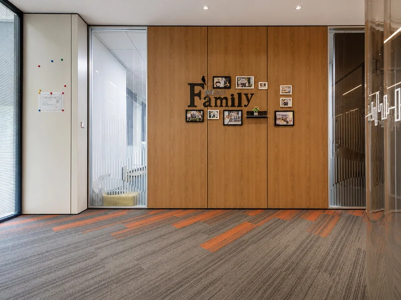solid office partitions with wood finish in a modern office interior