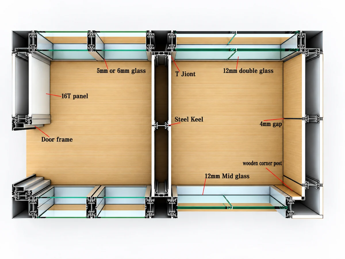 sg 100 system layout showing glass solid wall door and junction configurations