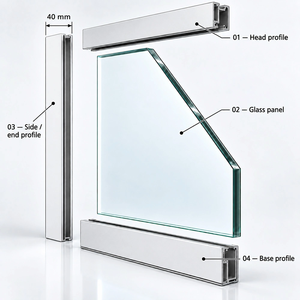 sg-40 glass panel exploded view with head side and base aluminum profiles
