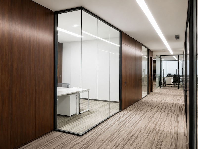framed glass office partition creating a private office area beside a corridor