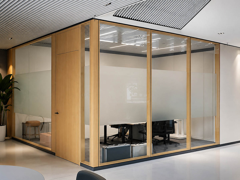 glass office room with framed partition panels and wood finish wall details