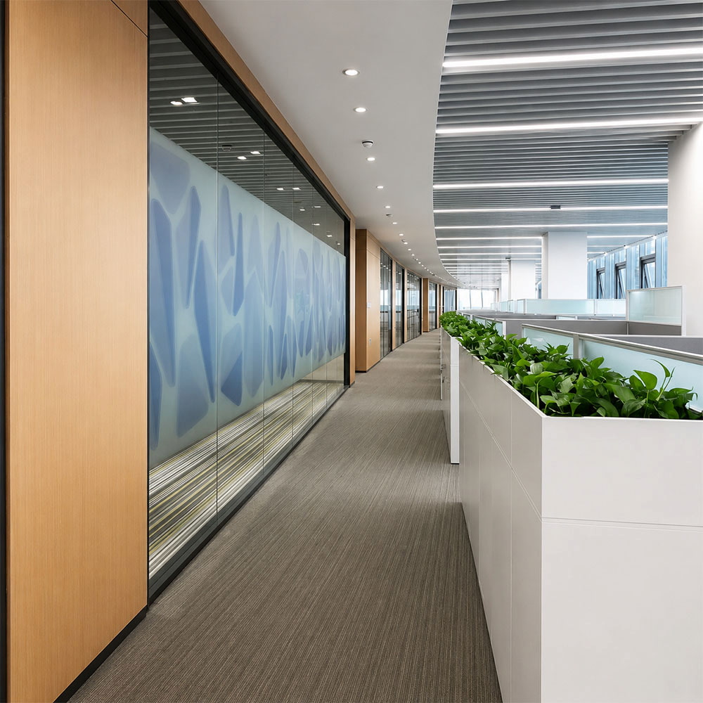 sg 40 glass partition corridor with frosted glass panel and open office daylight