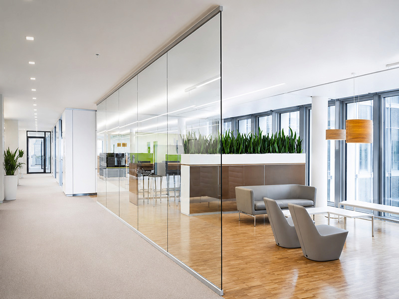 transparent glass office partition dividing an open workspace with natural daylight